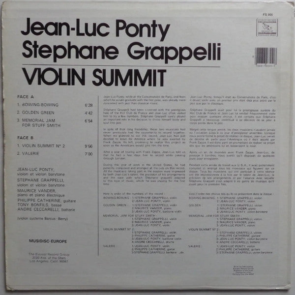 Jean-Luc Ponty, Stephane Grappelli* : Violin Summit (LP, Album, RE)