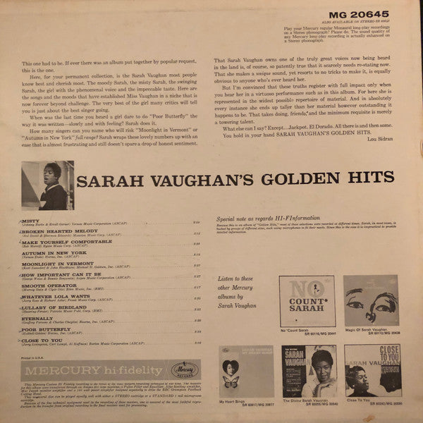 Sarah Vaughan : Sarah Vaughan's Golden Hits!!! (LP, Album, Comp, Mono, RP)