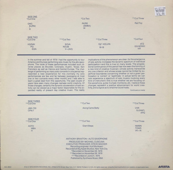 Anthony Braxton : Alto Saxophone Improvisations 1979 (2xLP, Album, Gat)