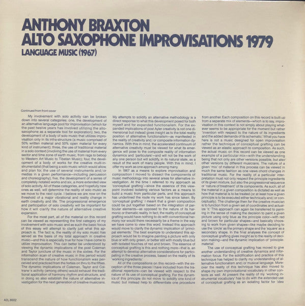 Anthony Braxton : Alto Saxophone Improvisations 1979 (2xLP, Album, Gat)
