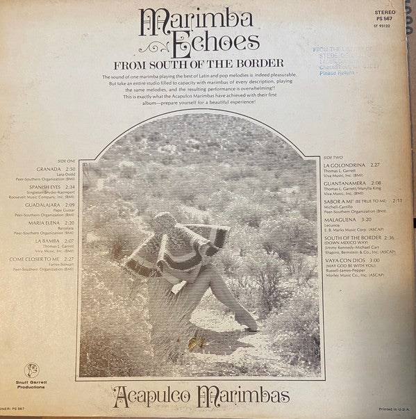 Acapulco Marimbas : Marimba Echoes From South Of The Border (LP)