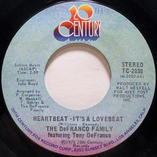 The DeFranco Family Featuring Tony DeFranco : Heartbeat, It's A Lovebeat (7", Single, Styrene)