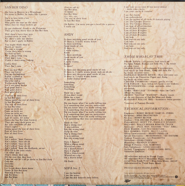Frank Zappa And The Mothers Of Invention* : One Size Fits All (LP, Album, Ter)