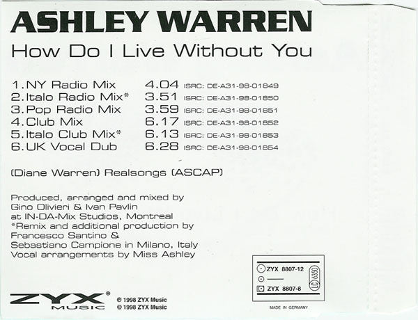Ashley Warren (2) : How Do I Live Without You (CD, Maxi)
