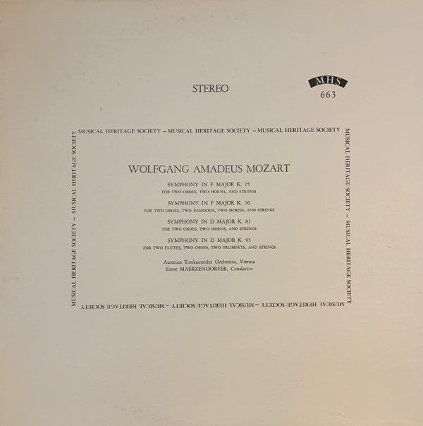 Wolfgang Amadeus Mozart, Austrian Tonkuenstler Orchestra, Vienna*, Ernst Maerzendorfer* : Symphony In F Major K. 75 / Symphony In F Major K. 76 / Symphony In D Major K. 81 / Symphony In D Major K. 95 (LP, Album)