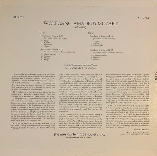Wolfgang Amadeus Mozart, Austrian Tonkuenstler Orchestra, Vienna*, Ernst Maerzendorfer* : Symphony In F Major K. 75 / Symphony In F Major K. 76 / Symphony In D Major K. 81 / Symphony In D Major K. 95 (LP, Album)