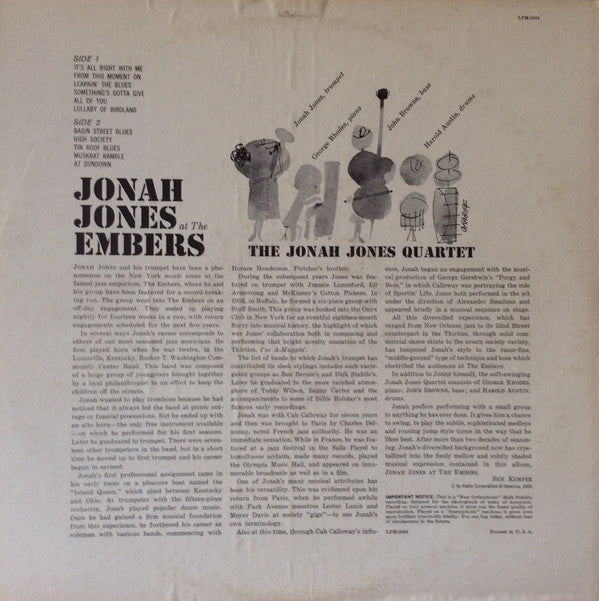 The Jonah Jones Quartet : Jonah Jones At The Embers (LP, Album, Mono, RE)