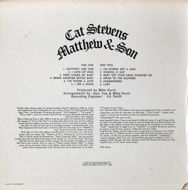 Cat Stevens : Matthew & Son / New Masters (2xLP, Comp, RE, BW )