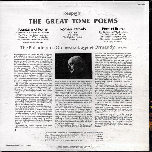 Respighi* : Eugene Ormandy, The Philadelphia Orchestra : The Great Tone Poems: Pines Of Rome, Fountains Of Rome, Roman Festivals (LP)