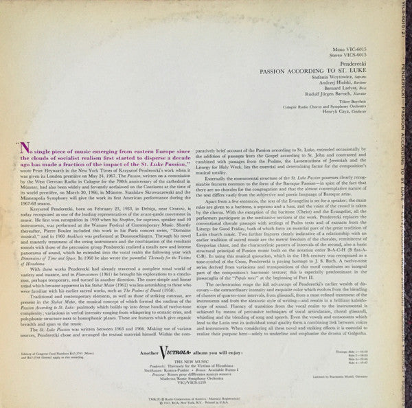 Penderecki*, Stefania Woytowicz, Andrzej Hiolski, Bernard Ladysz*, Rudolf Jürgen Bartsch, Tölzer Boychoir*, Cologne Radio Chorus*, Cologne Radio Symphony Orchestra*, Henryk Czyz* : Passion According To St. Luke (2xLP, Album)
