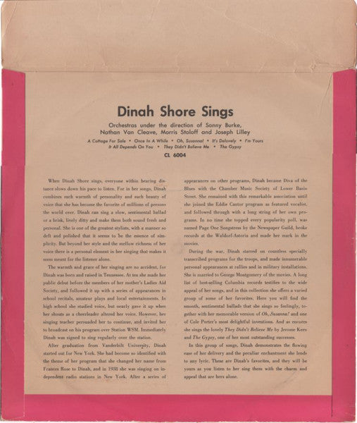 Dinah Shore : Dinah Shore Sings (10", Album)