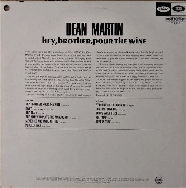 Dean Martin : Hey, Brother, Pour The Wine (LP, Comp, Mono, Scr)