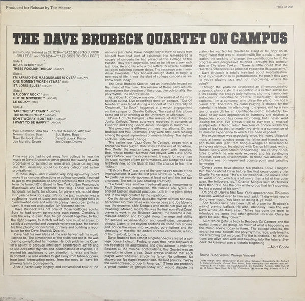 The Dave Brubeck Quartet : Brubeck On Campus (2xLP, Comp, RM, Gat)