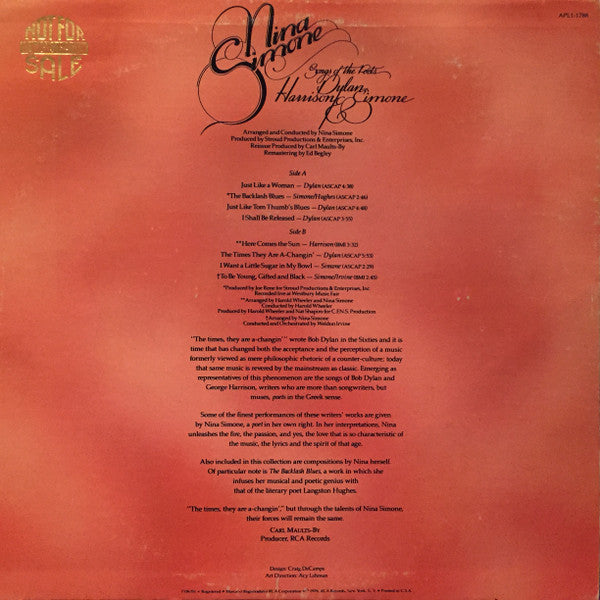 Nina Simone : Songs Of The Poets : Dylan, Harrison & Simone (LP, Comp)