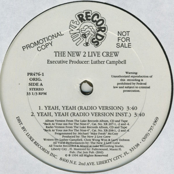 The New 2 Live Crew : Yeah, Yeah (12", Promo)