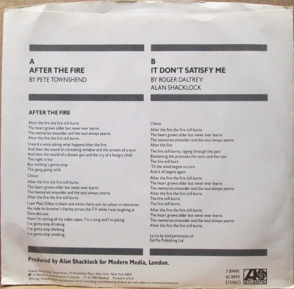 Roger Daltrey : After The Fire (7", Single, SP)