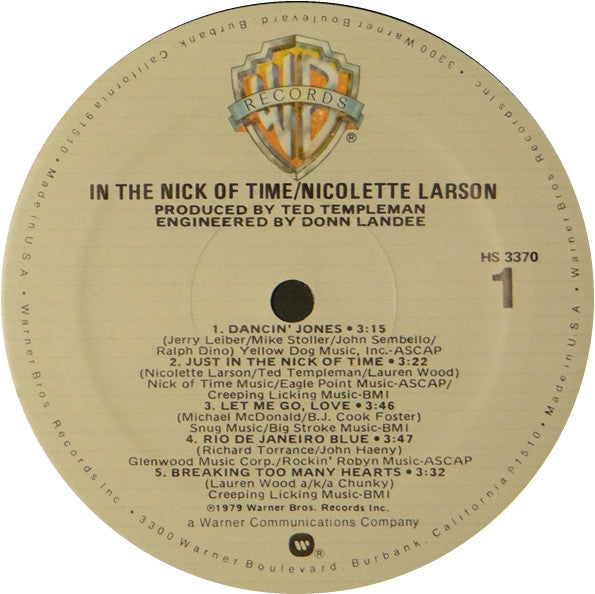 Nicolette Larson : In The Nick Of Time (LP, Album, Mon)