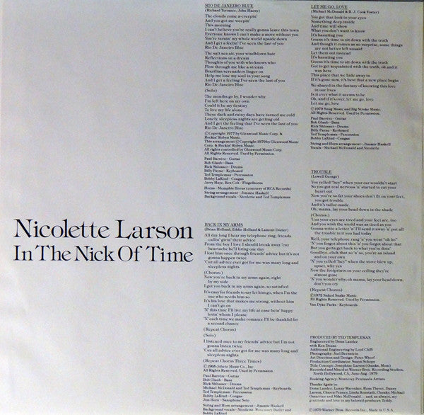 Nicolette Larson : In The Nick Of Time (LP, Album, Mon)