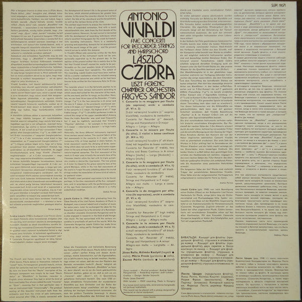 Antonio Vivaldi, László Czidra, Liszt Ferenc Chamber Orchestra, Frigyes Sándor : Five Concerti For Recorder, Strings And Harpsichord (LP)