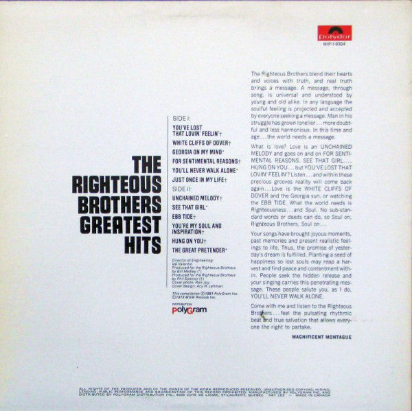 The Righteous Brothers : Greatest Hits (LP, Comp, RE)