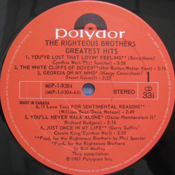 The Righteous Brothers : Greatest Hits (LP, Comp, RE)