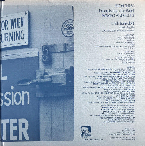 Prokofiev*, Erich Leinsdorf Conducting The Los Angeles Philharmonic* : Excerpts From The Ballet, Romeo And Juliet (LP, Album, Ltd, RE, RP, Gat)