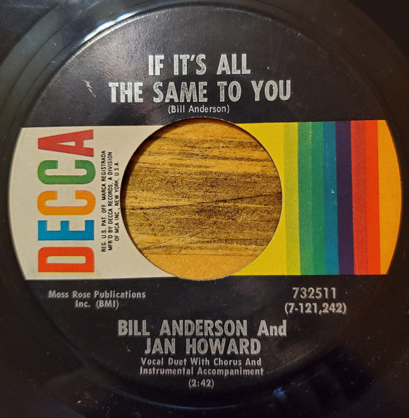 Bill Anderson And Jan Howard* : If It's All The Same To You (7")