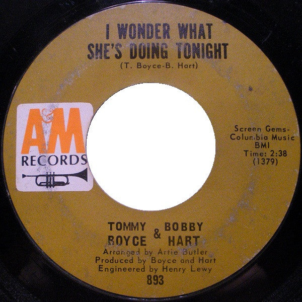Tommy Boyce & Bobby Hart* : I Wonder What She's Doing Tonight? (7", Single, Pit)