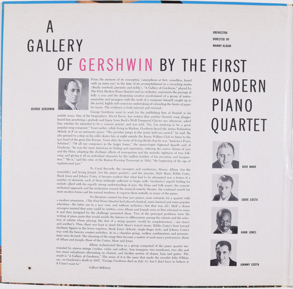 The First Modern Piano Quartet, Manny Albam And His Orchestra : A Gallery Of Gershwin (LP, Album, Glo)