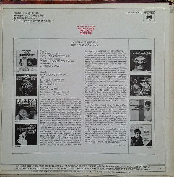 Aretha Franklin : Soft And Beautiful (LP, Album, RP)