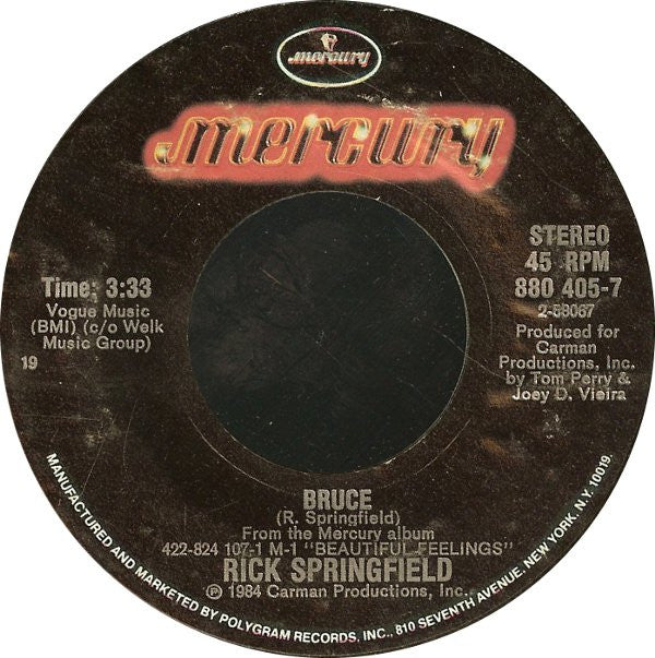 Rick Springfield : Bruce (7", Styrene, 19)