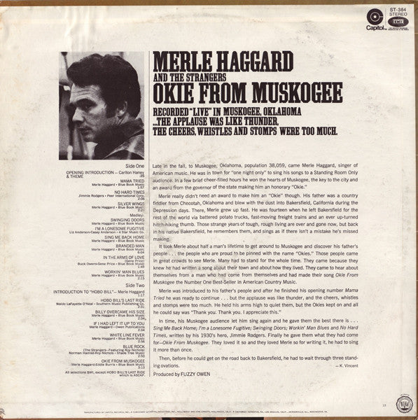 Merle Haggard And The Strangers (5) : Okie From Muskogee (Recorded "Live" In Muskogee, Oklahoma) (LP, Album, Jac)