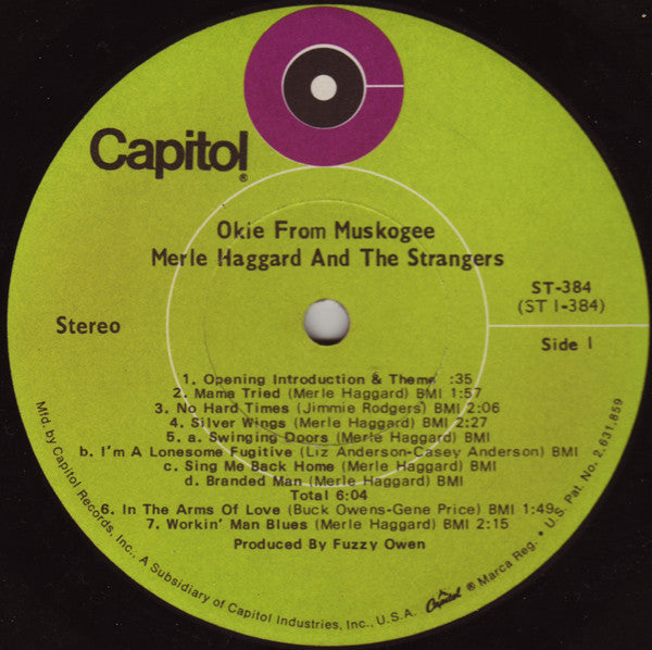 Merle Haggard And The Strangers (5) : Okie From Muskogee (Recorded "Live" In Muskogee, Oklahoma) (LP, Album, Jac)