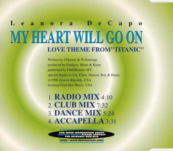 Leanora Decapo* : My Heart Will Go On (The Dance Mixes) (Love Theme From "Titanic") (CD, Maxi)