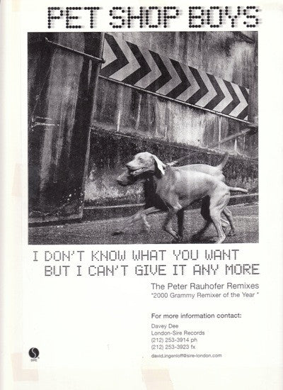 Pet Shop Boys : I Don't Know What You Want But I Can't Give It Any More (Peter Rauhofer Remixes) (12", Single, Promo)