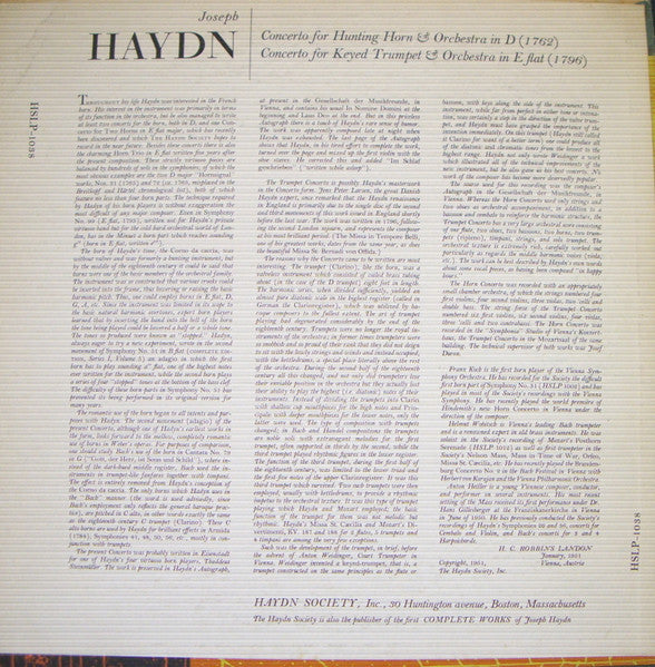 Joseph Haydn, Anton Heiller, The Orchestra Of The Vienna State Opera*, Helmut Wobitsch*, The Vienna Symphony Orchestra*, Franz Koch (4), Erna Heiller : Concerto For Trumpet In E Flat / Concerto For Horn In D (LP, Mono)