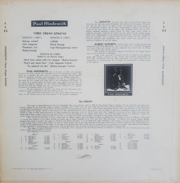 Paul Hindemith / Robert Noehren : Three Sonatas For Organ (LP, Mono, RE)