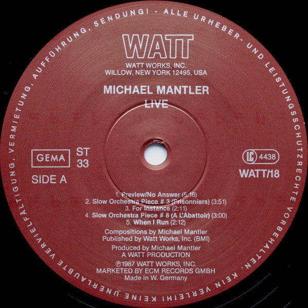 Michael Mantler  With  Jack Bruce, Rick Fenn, Don Preston, John Greaves, Nick Mason : Live (LP, Album, Gat)