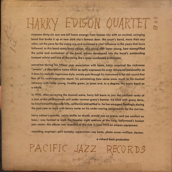 The Harry Edison Quartet : "Sweets" At The Haig (7", Single, Mono)