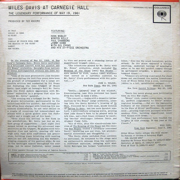 Miles Davis : Miles Davis At Carnegie Hall (LP, Album, Mono, RP, Ter)