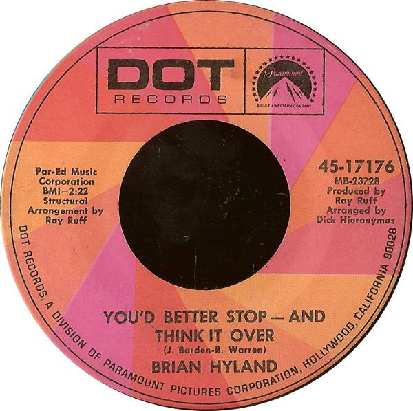 Brian Hyland : Tragedy / You'd Better Stop - And Think It Over (7")