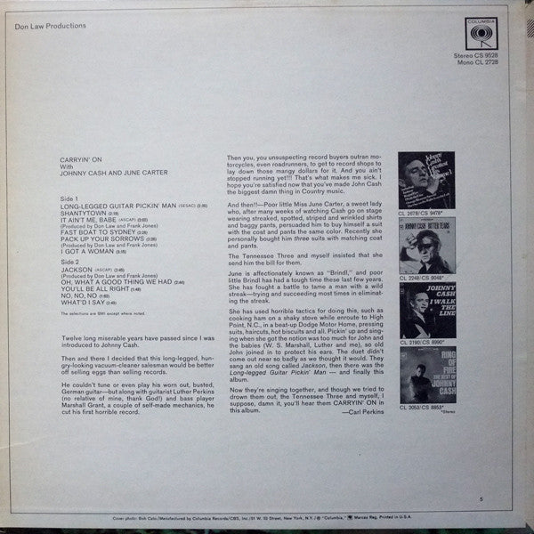 Johnny Cash & June Carter : Carryin' On With Johnny Cash & June Carter (LP, Album, Pit)