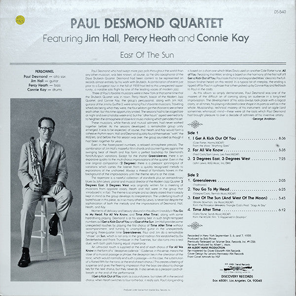 Paul Desmond Quartet* Featuring Jim Hall, Percy Heath And Connie Kay : East Of The Sun (LP, Album, RE, RM)