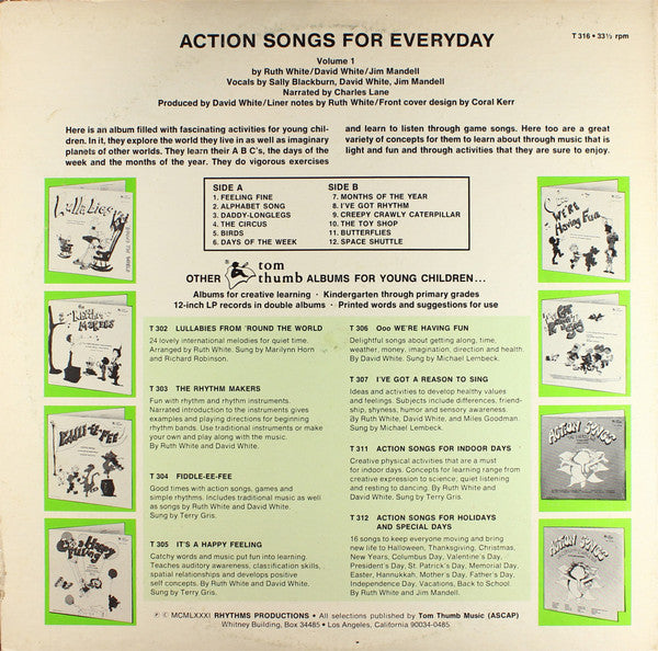 Ruth White / David White / Jim Mandell : Action Songs For Everyday Vol. 1 (LP, Album, RE)