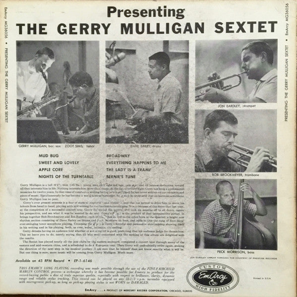 The Gerry Mulligan Sextet* : Presenting The Gerry Mulligan Sextet (LP, Album, Mono, Ind)