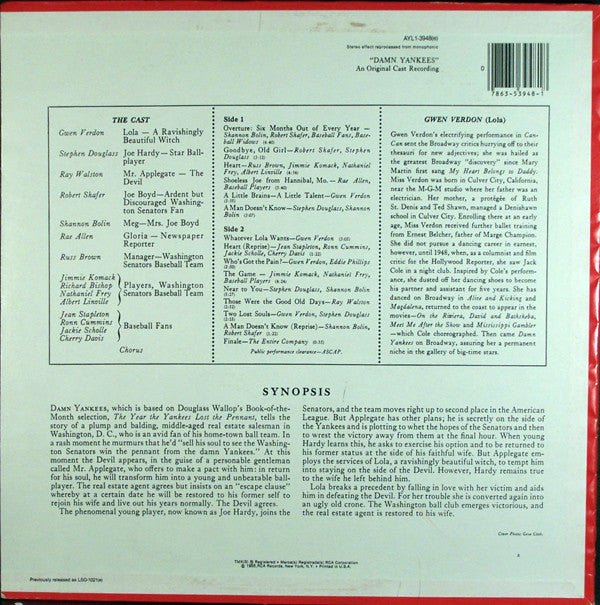 Gwen Verdon, Stephen Douglass, Ray Walston : Damn Yankees (An Original Cast Recording) (LP, Album, RE, Ind)