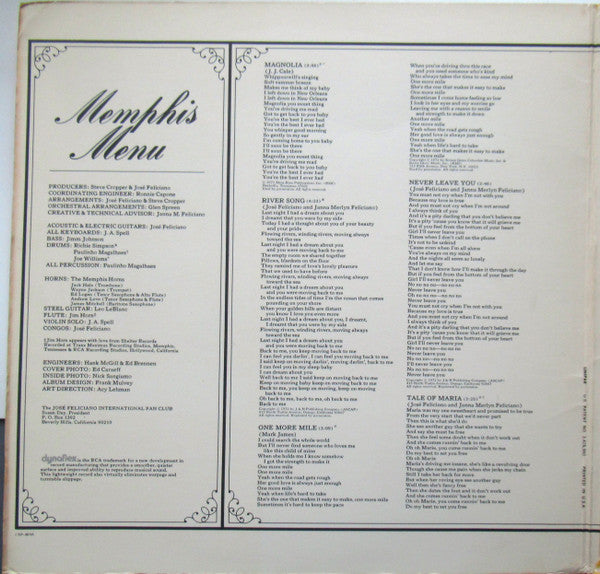 José Feliciano : Memphis Menu (LP, Album, Hol)