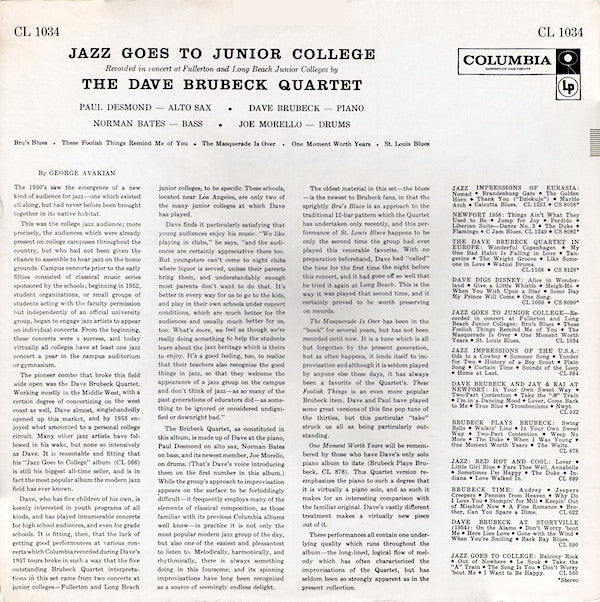 The Dave Brubeck Quartet : Jazz Goes To Junior College (LP, Album, Mono)