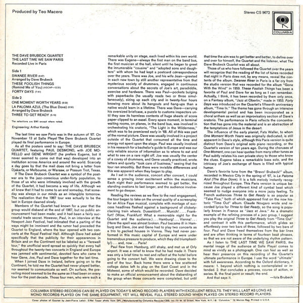The Dave Brubeck Quartet : The Last Time We Saw Paris (LP, Album)