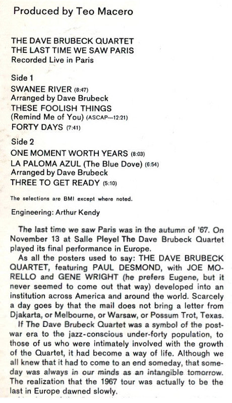 The Dave Brubeck Quartet : The Last Time We Saw Paris (LP, Album)